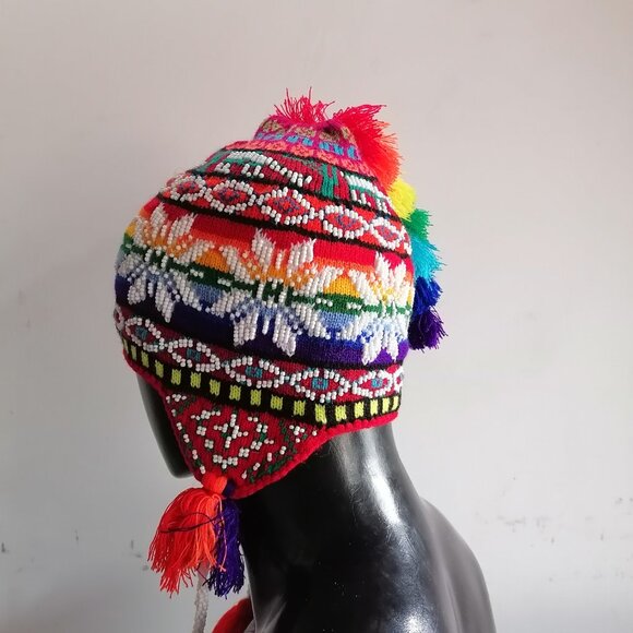 Peruvian Floral Chullo Knitted Wool Multicolored Beads Multicolored